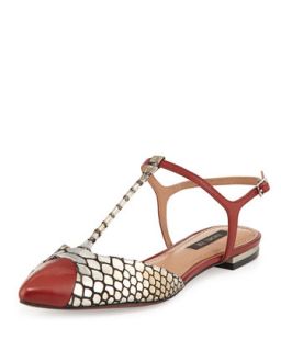 Isabel Calfskin T Strap Sandals, Red Silver