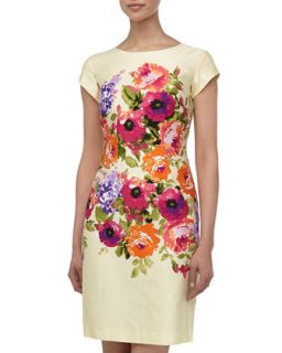 Center Floral Print Sateen Dress, Lemon Ice