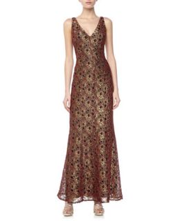 V Neck Metallic Lace Gown, Gold/Red