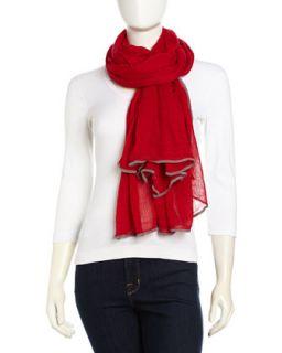 Stitched Border Crinkled Scarf, Red/White