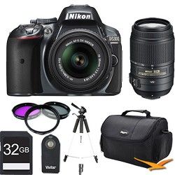 Nikon D5300 DX Format Digital SLR Kit (Grey) w 18 55mm & 55 300mm VR Lens 32GB B