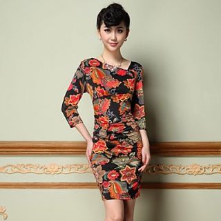 Womens 3/4 Sleeve Flowers Printting Bodycon Casual and Work Party Dress