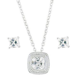 Sterling Silver Cubic Zirconia Square Solitaire Necklace And Stud Earrings  