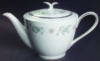 Noritake Wellesley Teapot & Lid, Fine China Dinnerware   White Flowers,Aqua Leav