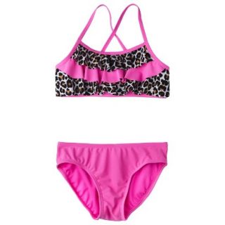 Girls 2 Piece Ruffled Leopard Spot Bandeau Bikini Swimsuit Set   Pink XS