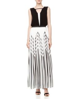 Two Tone Pleated Geometric Print Maxi Dress, Black/White