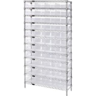 Quantum Storage Wire Shelving System with 44 Clear Bins   12 Shelf Unit, 36