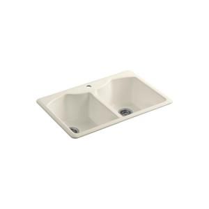 KOHLER Bellegrove Top Mount Cast Iron 33x22x9 5/8 1 Hole Double Bowl Kitchen Sink in Almond K 6482 1A4 47