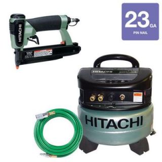Hitachi 3 Piece 23 Gauge 1 3/8 in. Pin Nailer, 6 Gal. Portable Oil Free Pancake Compressor and 1/4 in. x 25 ft. PVC Air Hose Kit KCP 35 H