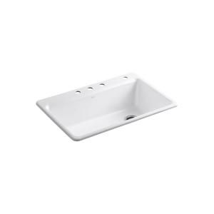 KOHLER Riverby Top Mount Cast Iron 33x22x9 5/8 4 Hole Single Bowl Kitchen Sink in White K 5871 4 0