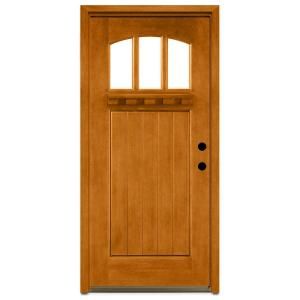 Steves & Sons Craftsman 3 Lite Arch Stained Mahogany Wood Left Hand Entry Door with 4 in. Wall and Prefinished Frame M4151 AW MJ 4LH