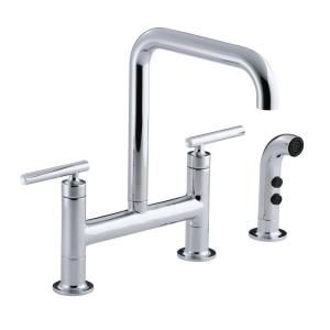 KOHLER Purist 12 in. 2 Handle Deck Mount High Arc Bridge Kitchen Faucet with Sidespray in Poilshed Chrome 7548 4 CP