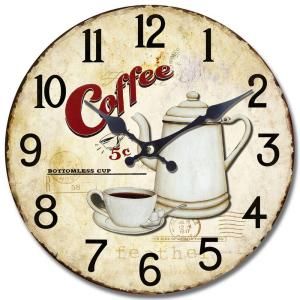 Yosemite Home Decor 13.5 in. Circular Wooden Wall Clock with Bottomless Coffee Print CLKA7125