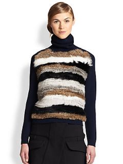 Opening Ceremony Striped Rabbit Fur Paneled Wool Sweater   Navy