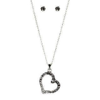 Studded Hollow Heart Pendant Necklace and Stud Earrings Set   Clear/Silver