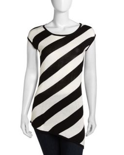 Striped Cap Sleeve Asymmetric Knit Tunic, Black/White