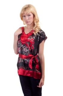 Yo Yo 5 Fantasy Print Satin Loose Fitting Square Scarf Fabric Tie Waist Blouse Red Large at  Womens Clothing store: