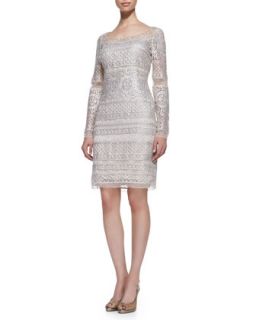 Womens Long Sleeve Lace Cocktail Dress, Platinum   Kay Unger New York