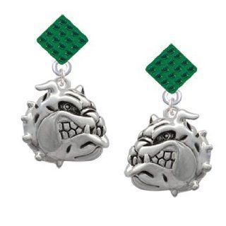 Large Bulldog   Mascot Green Emerald Crystal Diamond Shaped Lulu Post Earrings Jewelry