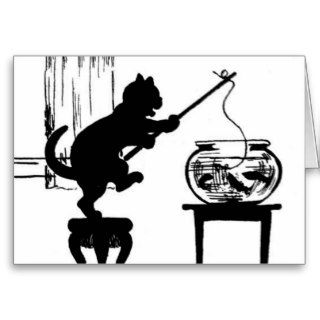 Cat Black/White Silhouette Fishing in Fish Bowl Cards