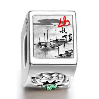Soufeel Ancient Chinese Art Ink Painting Boat Mountain May Birthstone Flower Charm Fit Pandora Bracelets Bead Charms Jewelry