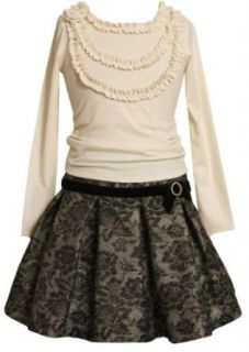 Size 10, Ivory, BNJ 4842X, 2 Piece Ivory Black Metallic Gold Brocade Skirt Set, Bonnie Jean Tween Girls Special Occasion Party Dress: Clothing