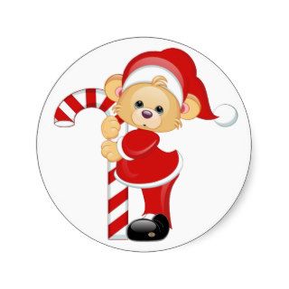 Santa Teddy Bear and Candycane Round Stickers
