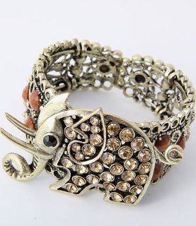 AntiqueGold Tone StretchCuffBracelet /rhinestone/ elephant /acrylic / metal/ lead & nickle free / 1.8" H / color: gold & brown: Bracelet Earring And Necklace Sets: Jewelry