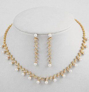 Simple Design Cream Pearl Bridal Necklace Earring Set W Gold Tone W Rhinestones: Jewelry