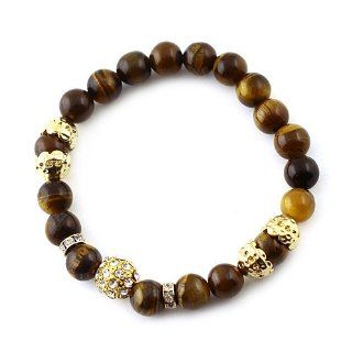 Genuine Stone Bead Bracelet; Tiger Eye Stone Beads; Gold Tone Metal; Clear Rhinestones; Stretch;: Jewelry