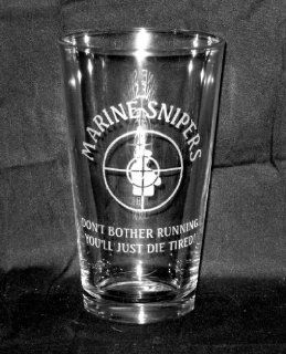 17 OZ Heavy Etched Glass Pint Beer Glass or Cooler Marine Corps "Marine SniperDon't Bother Running"   Usmc Beer Glass