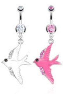 (2pcs) Enamel Colored Swallow with Line of CZ on Wings Dangle Navel Ring 14G White & Pink: Jewelry