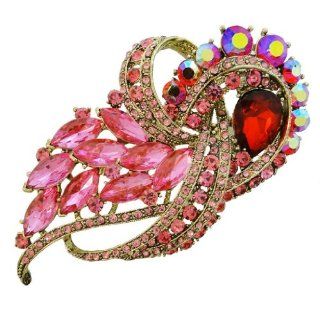 Gold Tone Pink Austrian Crystal Flower Ribbon Brooch: Jewelry