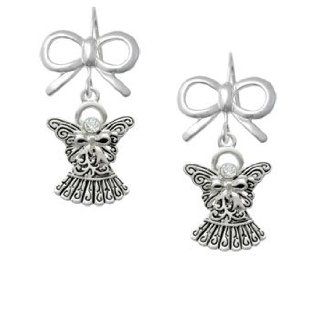 Antiqued Silver Angel with Bow & Crystal Silver Layla Bow French Earrings: Dangle Earrings: Jewelry