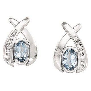 Pair 6X4/ 1/10Cttw 14K White Gold Genuine Aquamarine And Diamond Earring: Jewelry