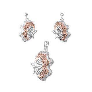 Sterling Silver Elegant Ocean Design Seashell Pendant and Earrings Jewelry Set with Rose Gold Plated Accents: Jewelry