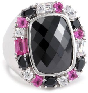 Giorgio Martello Sterling Silver Rhodium Plated Black, Amethyst, and White Cubic Zirconium Ring, Size 8: Jewelry