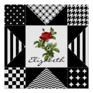 Stylish Bold Black and White Geometric Red Rose Posters