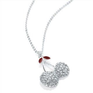 Silver Tone Crystal Stone Cherry Motif Pendant Fashion Necklace: Jewelry