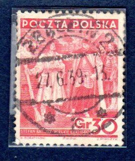 Postage Stamps Poland. One Single 30g Rose Red King Stephen Bathory Commending Wielock, The Peasant, Stamp Dated 1938, Scott #325.: Everything Else