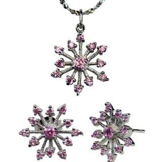 Sparkling Pink Cubic Zirconia Snowflake Silver Pendant Necklace and Stud Earrings Set 16": Jewelry