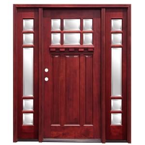 Pacific Entries Craftsman 6 Lite Stained Mahogany Wood Entry Door with Dentil Shelf and 14 in. Sidelites M36MR413D