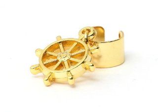 Nautical Ship's Wheel Ear Cuff Wrap Dangling Gold Tone CD06 Vintage Yacht Captain Earring Fashion Jewelry: Jewelry