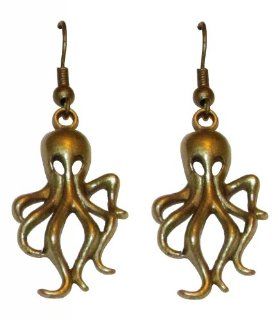Octopus Dangle Earrings in Antiqued Bronze on French Wires 1.25": Jewelry