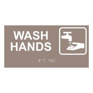 ADA Wash Hands With Symbol Braille Sign RSME 371 SYM WHTonTaupe  Business And Store Signs 