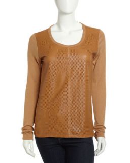 Cutout Leather Front Sweater, Camel