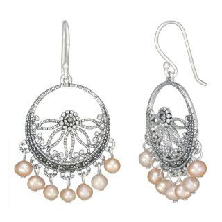Sterling Silver Marcasite Round Open Work Pink Freshwater Cultured Pearl Drop Earrings: Jewelry