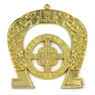 Saint Benedict (San Benito) Home Blessing Medal with Good Luck Horseshoe   3 1/2" x 3 1/2"   Nicely Decorated in Gold Color   Includes Prayer Card (English & Spanish): Charms: Jewelry
