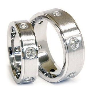 REAL 1.50CT Matching His Hers Bezel Set Diamond Wedding Bands 14K White Gold: Jewelry