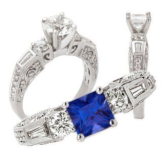 18k Elite Collection Chatham 7mm princess cut blue sapphire engagement ring with natural diamonds: Jewelry